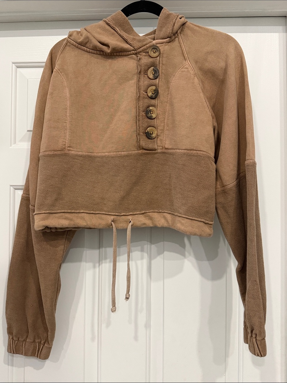 Free People Cropped Hooded Button Pullover in Tan